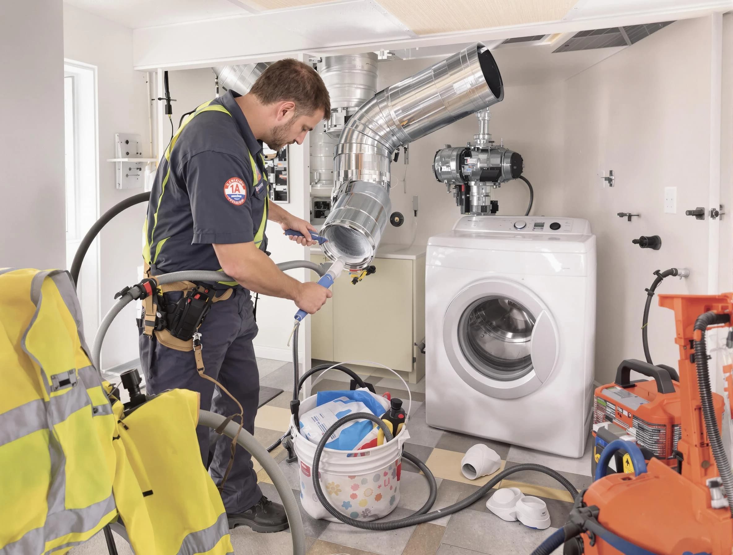 Salt Lake City Dryer Vent Cleaning technician using specialized equipment to clear severe dryer vent blockage in Salt Lake City