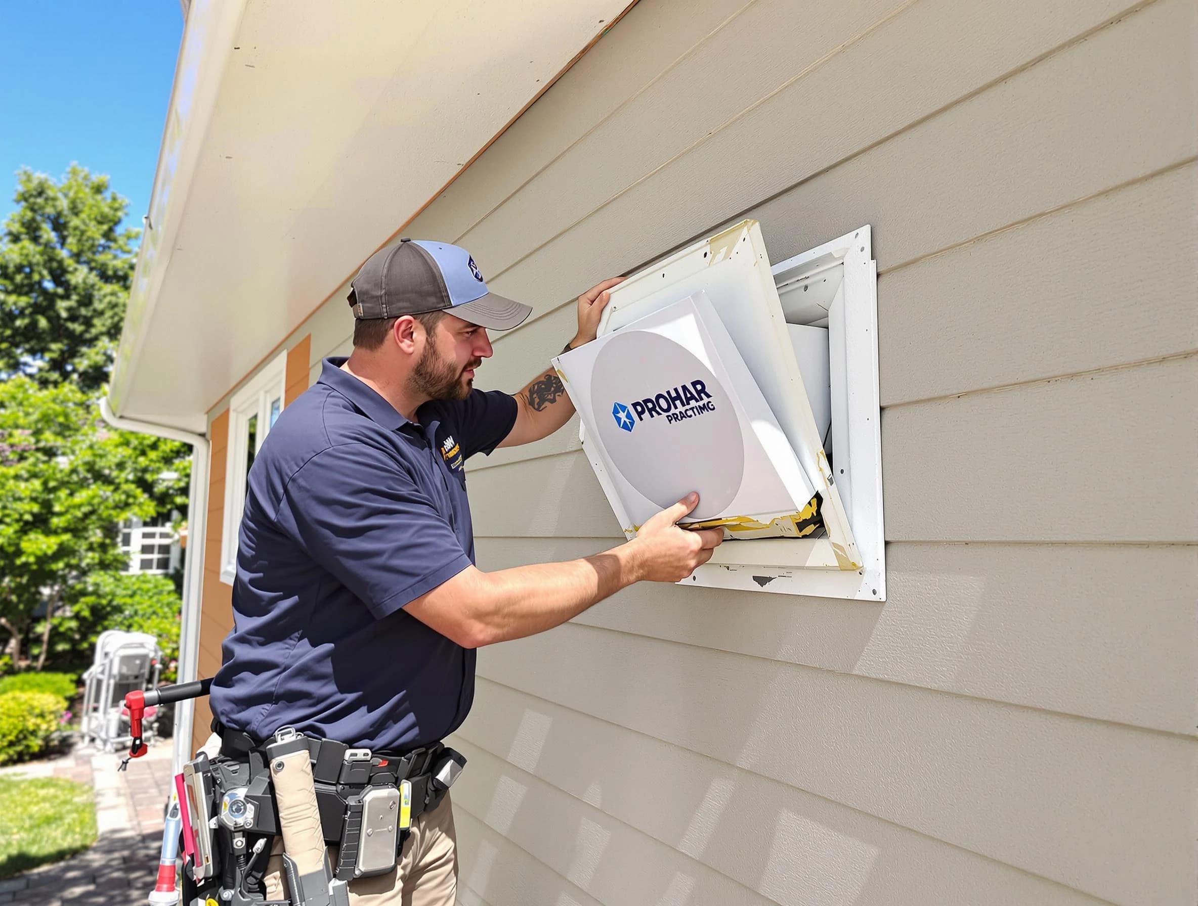 Salt Lake City Dryer Vent Cleaning technician installing a new protective dryer vent cover on a home in Salt Lake City