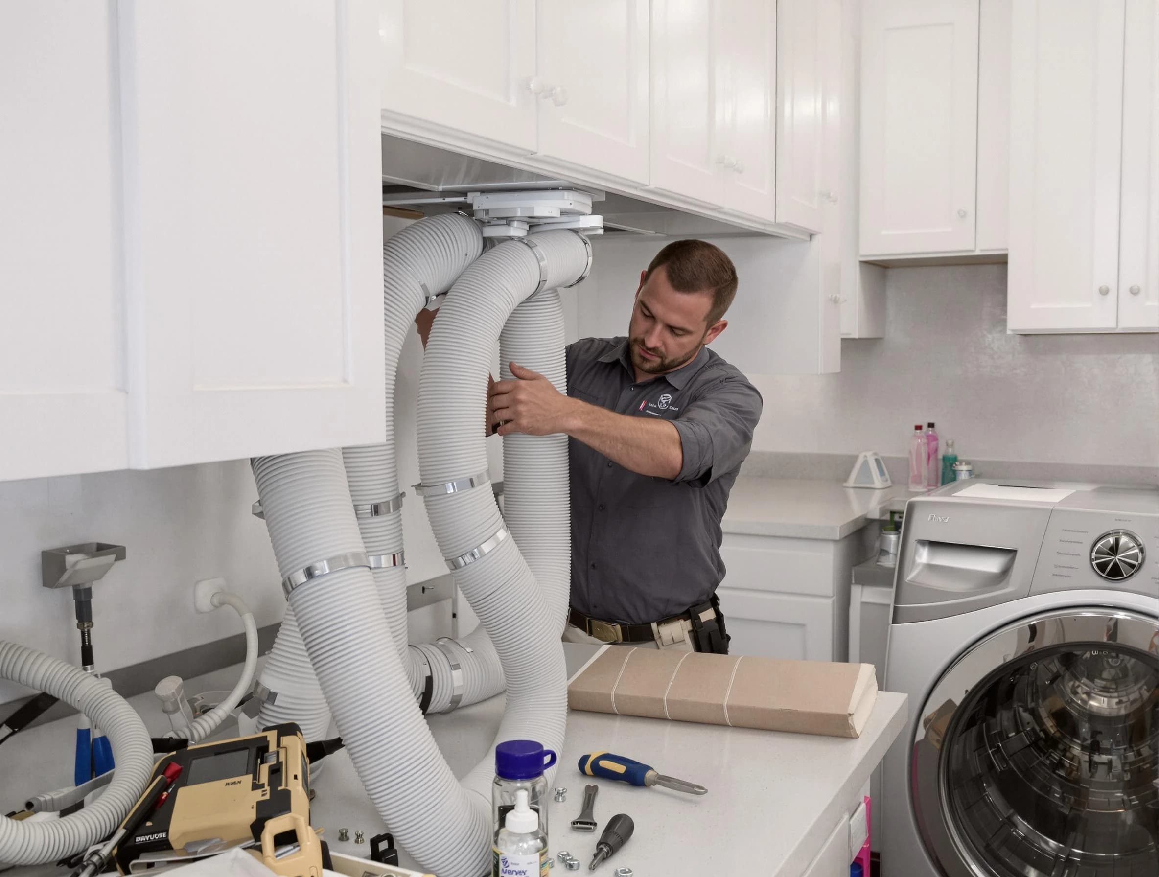 Salt Lake City Dryer Vent Cleaning technician installing a new professional-grade dryer vent hose in Salt Lake City