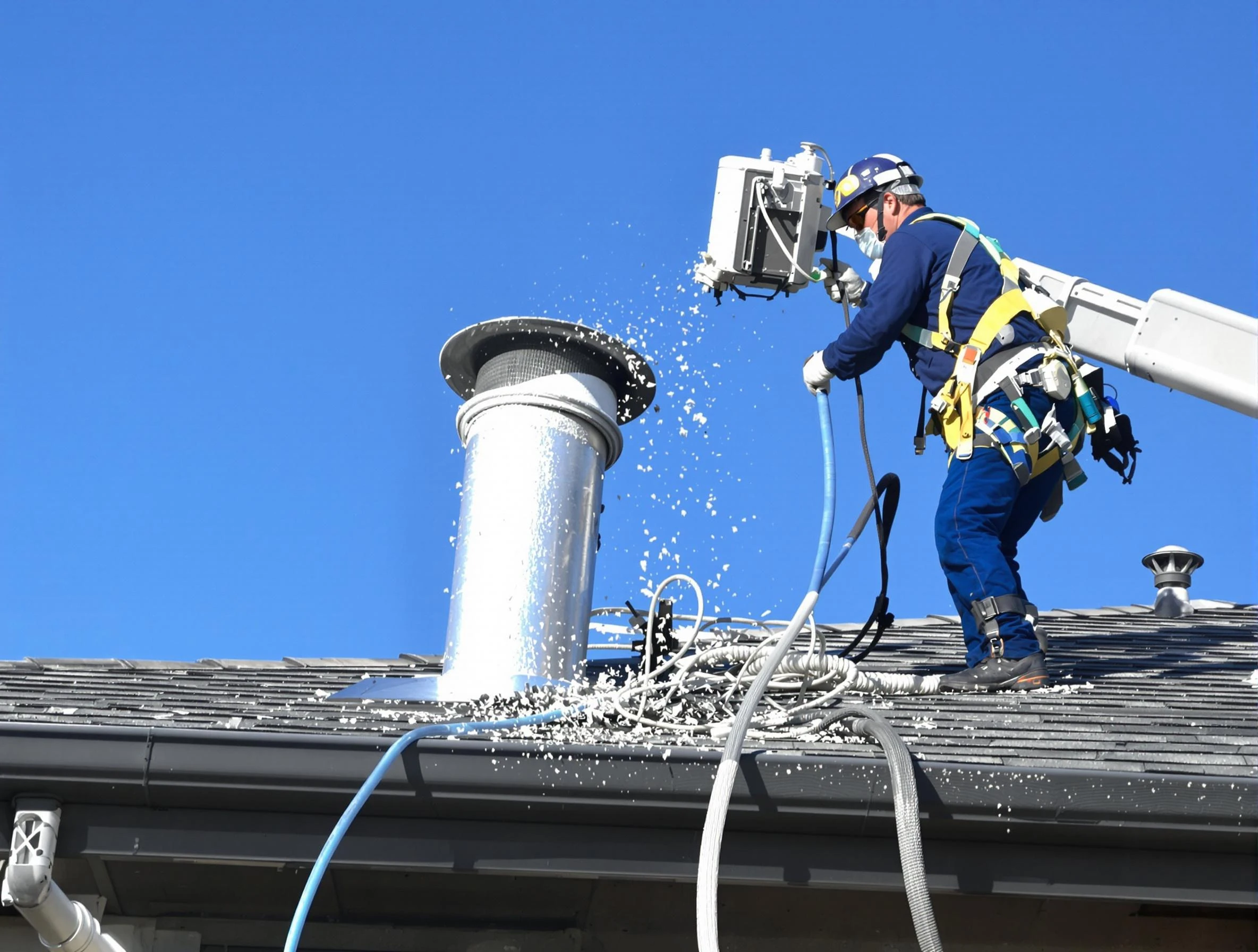 Salt Lake City Dryer Vent Cleaning certified technician safely cleaning a roof-mounted dryer vent in Salt Lake City
